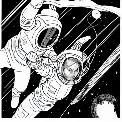 Image similar to clean simple line art of a woman floating in space. she is an astronaut, wearing a space suit. white background. well composed, clean black and white line drawing, beautiful detailed face. illustration by josan gonzalez and steve ditko and greg rutkowski