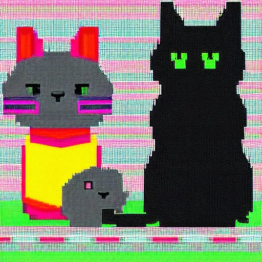 Prompt: 8-bit art of a black cat and gray mouse, 80s, vivid colors