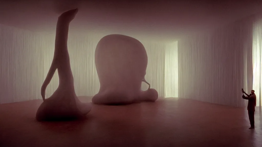 Image similar to a giant hand made of wax and water floats through the living room, film still from the movie directed by Denis Villeneuve with art direction by Zdzisław Beksiński, wide lens