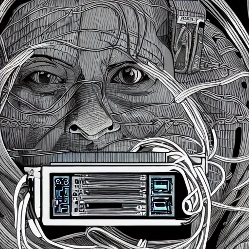 Image similar to illustration of a boy connected to his laptop with hundreds of wires, highly detailed, cel shading, by butcher billy, cgsociety, mcbess, rutkowski, james jean, 8 k, photorealistic