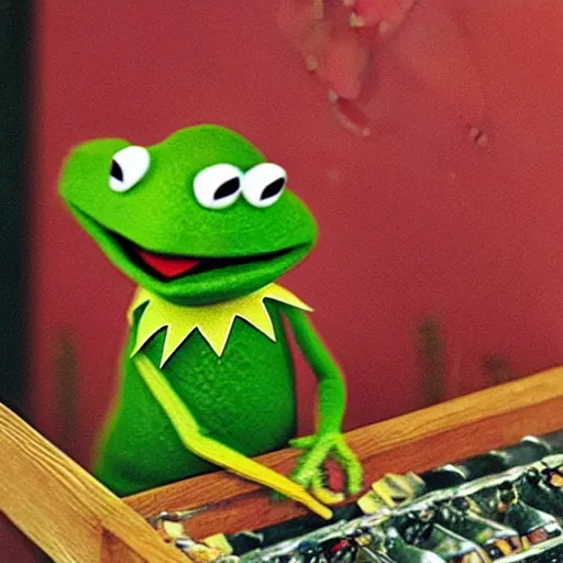 Image similar to kermit the frog on a drug and alcohol fueled binge, cigaretts, flames, hookers,
