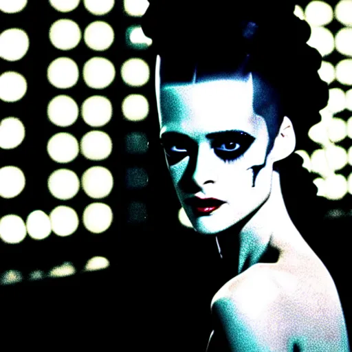 Prompt: cinematic portrait of surprised kristen mcmenamy as bride of frankenstein as a replicant in a busy nightclub,, still from the movie bladerunner, fashion photography, a sign is in the background, 8 k, high detail, face in focus