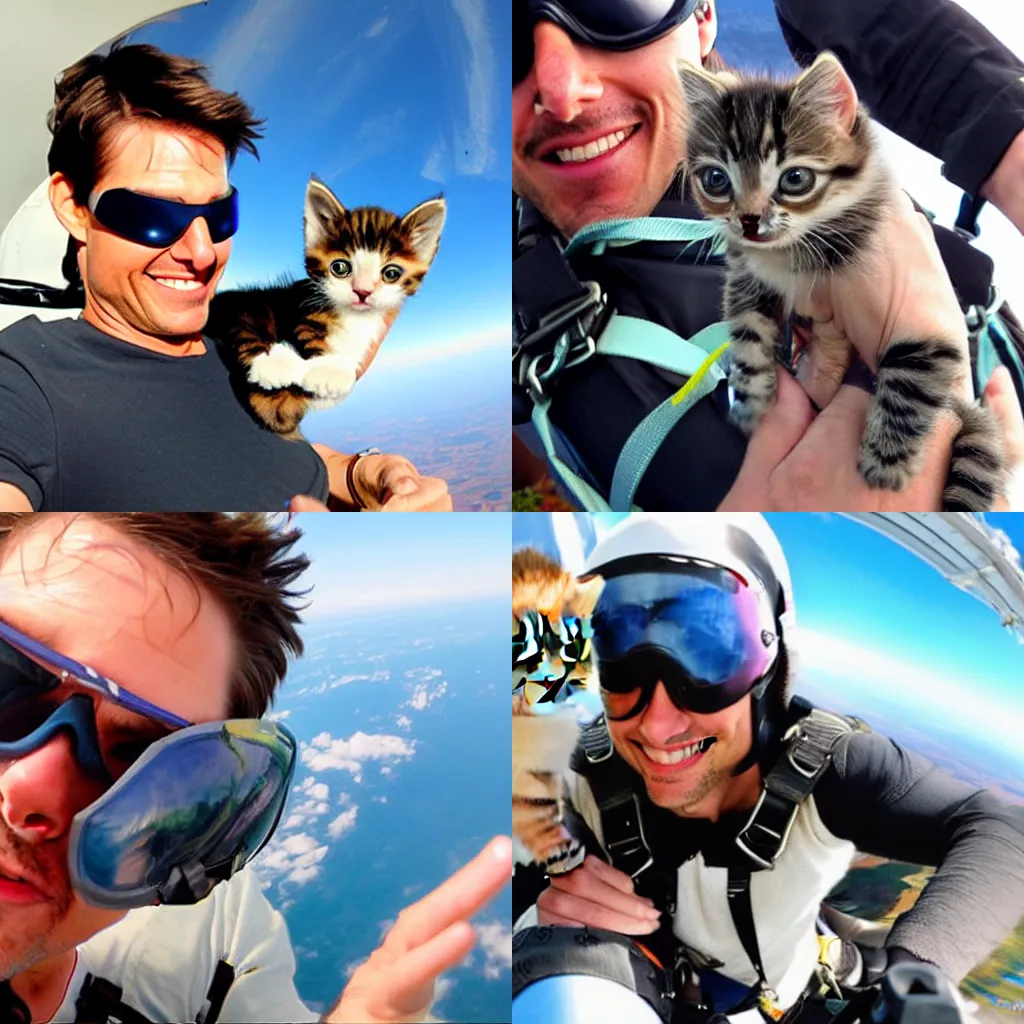 Prompt: Tom Cruise sky diving with a cute kitten, both wearing goggles, photorealistic