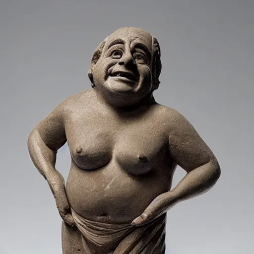 Prompt: an ancient statuette of a dancing danny devito, beautiful, priceless, studio photography