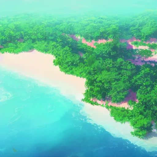Image similar to a beautiful render of a pink, green, and blue island paradise from above by makoto shinkai, soft details, graphic art
