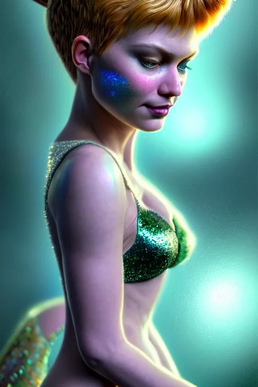 Image similar to hyperrealistic mixed media painting of tinker bell, full body, stunning 3d render inspired art by P. Craig Russell and Barry Windsor-Smith + perfect facial symmetry + dim volumetric lighting, 8k octane beautifully detailed render, post-processing, extremely hyperdetailed, intricate, epic composition, grim yet sparkling atmosphere, cinematic lighting + masterpiece, trending on artstation, very very detailed, masterpiece, stunning