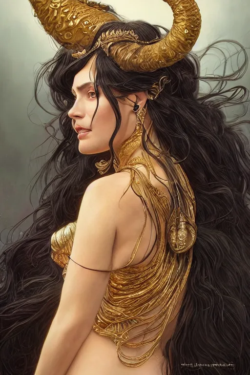 Image similar to fullbody!! of a beautiful woman with long black hair, big natural horns on her head, flowing intricate dress, gold jewellery, dnd, face, fantasy, intricate, elegant, highly detailed, digital painting, artstation, concept art, smooth, sharp focus, illustration, art by artgerm and greg rutkowski and alphonse mucha