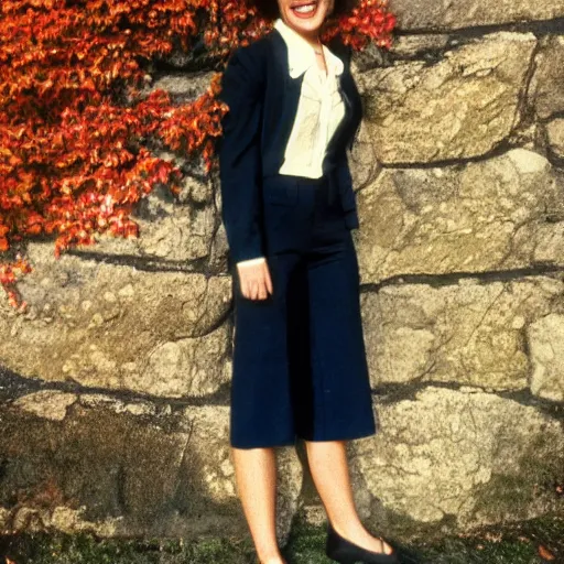 Image similar to a vintage 1 9 8 0 s kodachrome slide of a cheerful lady in a feminine suit posing on a stone wall in autumn sunshine.