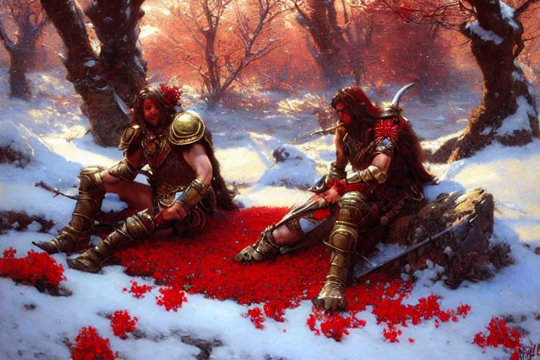 Prompt: winter, a male warrior wearing armor relaxing under a world tree with red flowers, ground covered with snow, extreme long shot, fantasy, painting by gaston bussiere, craig mullins, j. c. leyendecker, trending on artstation