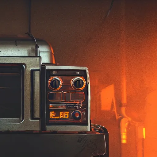 Image similar to head of toaster oven mecha, dark messy smoke - filled cluttered workshop, dark, dramatic lighting, orange tint, cinematic, highly detailed, sci - fi, futuristic, movie still