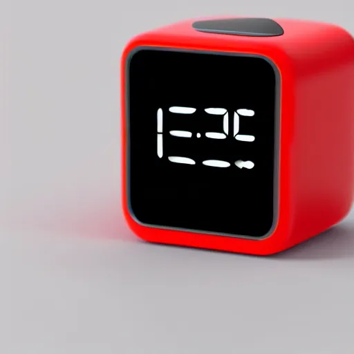 Image similar to Very tiny red alarm clock that looks like the iOS emoji and has the same colors, 3D clay render, 4k UHD, white background, isometric top down left view, diffuse lighting, zoomed out very far