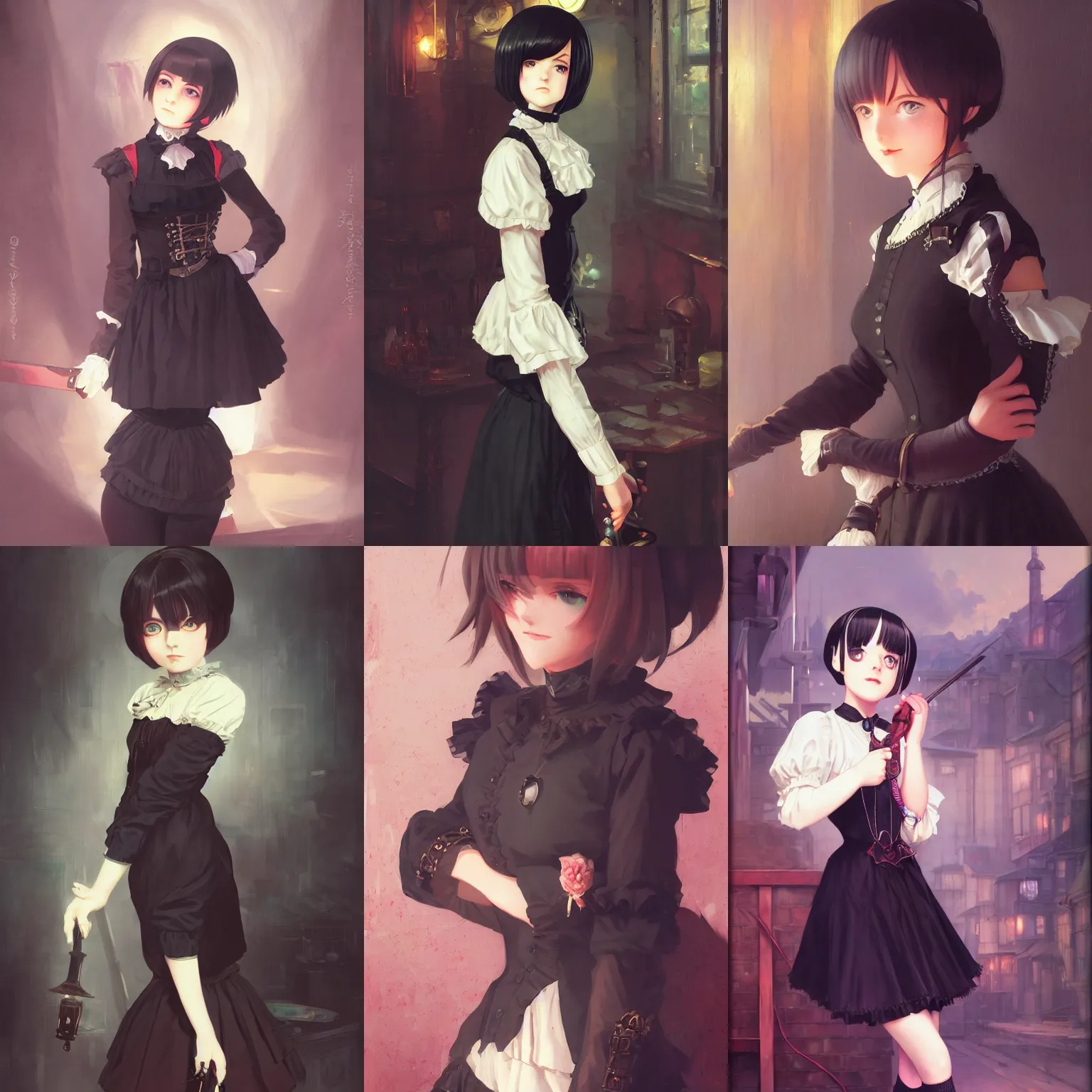 Prompt: a cute young woman in a Victorian maid outfit with black bob cut hair, steampunk setting, vivid colors, soft lighting, atmospheric, cinematic, moody, in the style of Ilya Kuvshinov and Range Murata, Krenz Cushart, oil on canvas, 8k