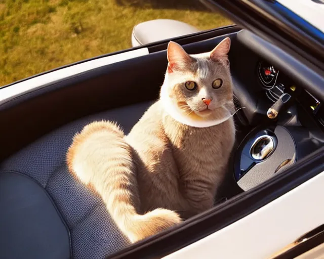 Image similar to top view of cabriolet with open roof, cat sitting in driver seat with paws resting on steering wheel, golden hour