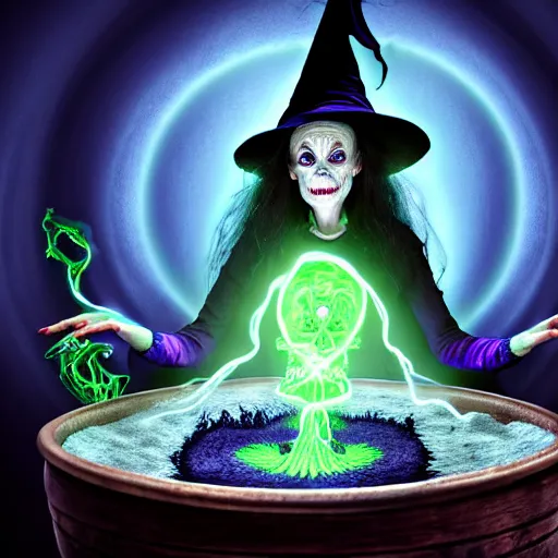 Image similar to a portrait of a scary ugly witch that is brewing a wicked potion in her cauldron that is marked with magical symbol that are glowing, highly detailed, digital photo, hdri, by christopher bretz and john carpenter, vivid colors, high contrast, 8 k resolution, intricate, photorealistic, smooth, psychedelic color scheme, concept art, award winning, cg society contest winner