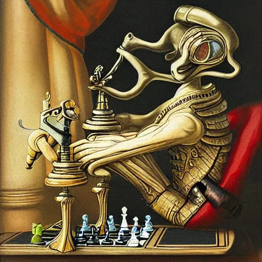 Prompt: alien playing chess looking wise, rococo oil painting, highly detailed