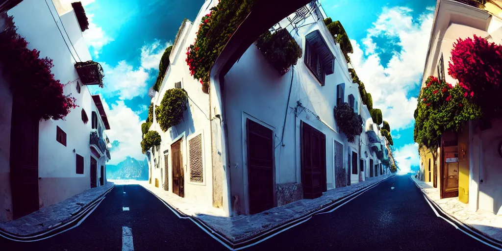 Image similar to a lonely street of capri, epic professional digital art, fisheye lens, best on artstation, cgsociety, wlop, Behance, pixiv, astonishing, impressive, outstanding, epic, cinematic, stunning, gorgeous, much detail, much wow, masterpiece.