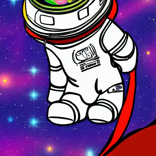 Image similar to a cat wearing a space suit while floating in space, digital art