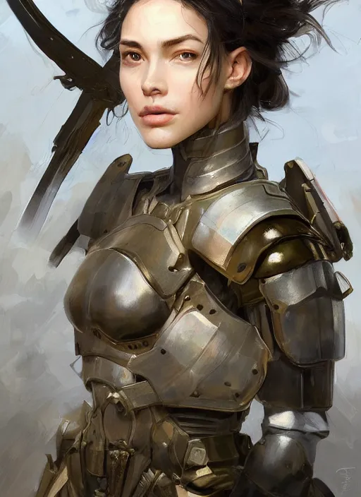 Image similar to a professional painting of a beautiful young female, clothed in military armor, olive skin, long dark hair, beautiful bone structure, symmetrical facial features, intricate, elegant, digital painting, concept art, smooth, sharp focus, illustration, from Metal Gear, by Ruan Jia and Mandy Jurgens and Artgerm and William-Adolphe Bouguerea