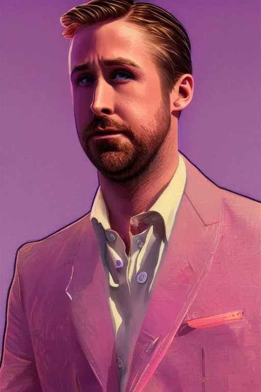 Image similar to ryan gosling robotic clothes in the beach purple sun, pink lighting ultra realistic photorealistic highly detailed high quality, a stunningly, digital painting, artstation, concept art, smooth, sharp focus, illustration, art by artgerm and greg rutkowski and alphonse mucha 8 k