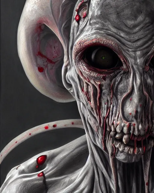 Prompt: Haunting horrifying hyperrealistic detailed painting of a tall slim flesh extraterrestrial creature covered in thick black blood, heavy metal, disgusting, creepy, unsettling, and bloodshot eyeballs, hyper detailed, trending on Artstation