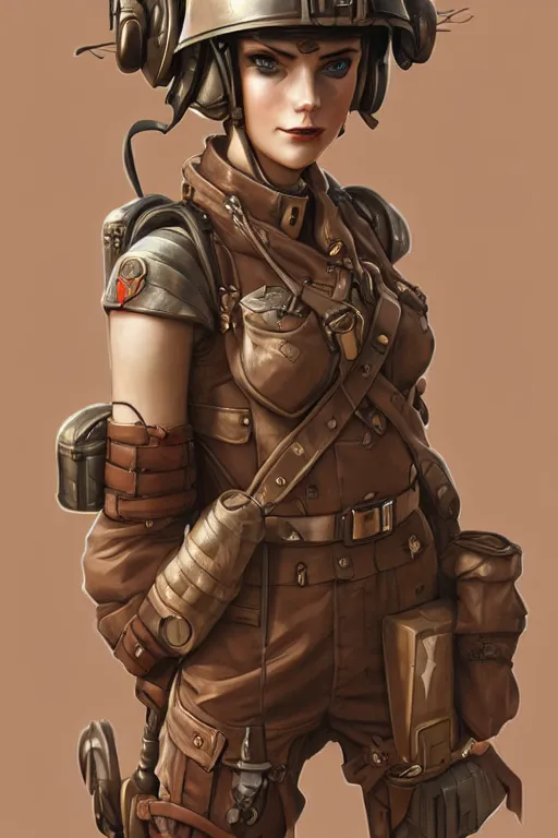 Image similar to dieselpunk soldier girl, helmet, shoulders, chest, portrait, desert, armored, highly detailed, sharp focus, art, illustrations by rossdraws and ayanamikodon and wlop and irakli nadar and loish