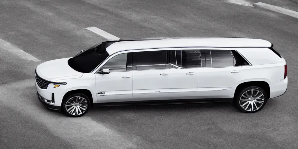 Prompt: A high angle shot, clean single, white SUV inspired by Cadillac Escalade and Chevrolet Tahoe