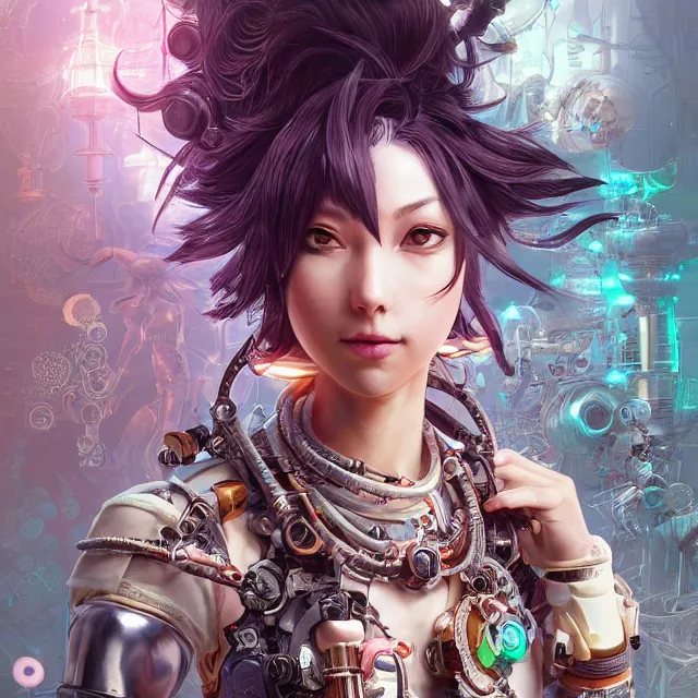 Image similar to the portrait of true neutral semi - colorful female cyborg mechanist as absurdly beautiful, gorgeous, elegant, young gravure idol, an ultrafine hyperdetailed illustration by kim jung gi, irakli nadar, intricate linework, bright colors, octopath traveler, final fantasy, unreal engine 5 highly rendered, global illumination, radiant light, detailed and intricate environment