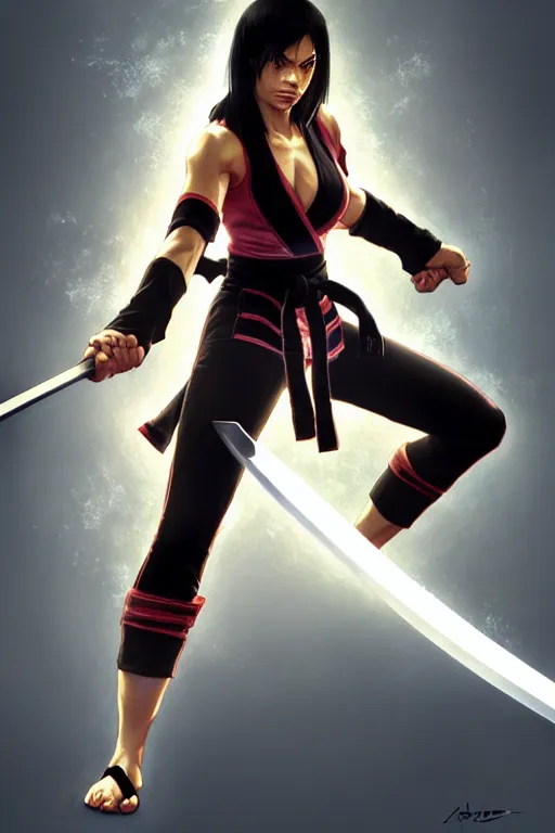 Image similar to Tekken 4 fighter anime Stunning Portrait Rosario Dawson with Karate master uniform, short black hair with a sword on her back in a fighting stance, digital painting, artstation, concept art, soft light, hdri, smooth, sharp focus, illustration, art by tian zi, craig mullins, Mark Arian, WLOP, alphonse mucha