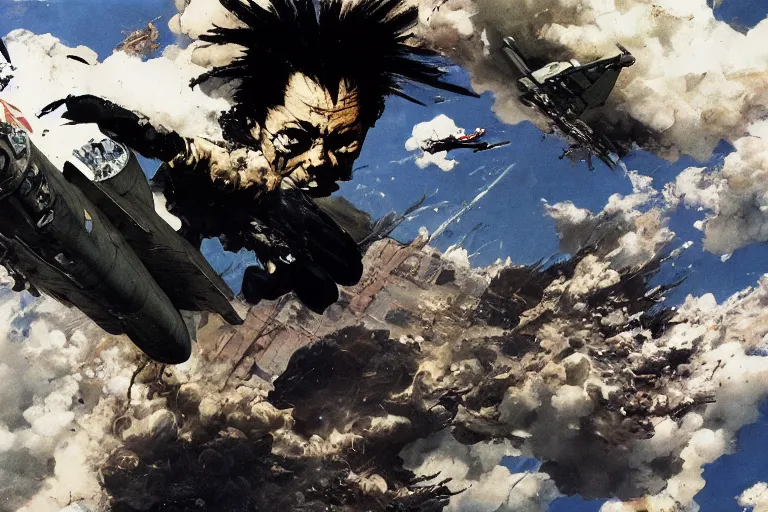 Prompt: first person GoPro footage page of tetsuo attacking a russian jet fighter, by Katsuhiro Otomo, Phil hale, Ashley wood, Ilya repin, frank frazetta, 8k, hd, high resolution print