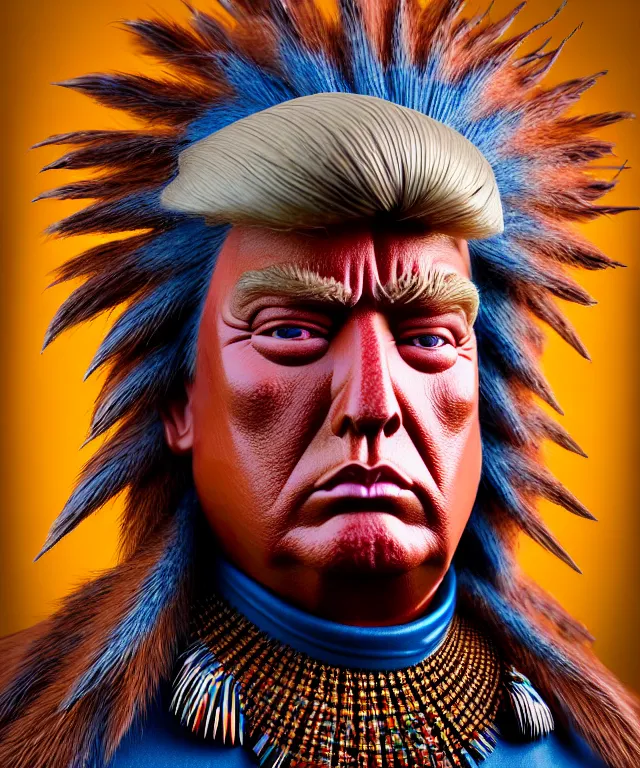 Image similar to hyperrealistic mixed media painting of Donald Trump as a Navajo doll, stunning 3d render inspired art by P. Craig Russell and Barry Windsor-Smith + perfect facial symmetry + dim volumetric lighting, ornate gothic armor, head and shoulders, d&d, arms crossed, serious expression, 8k octane beautifully detailed render, post-processing, extremely hyperdetailed, intricate, epic composition, grim yet sparkling atmosphere, cinematic lighting + masterpiece, trending on artstation, very very detailed, masterpiece, stunning