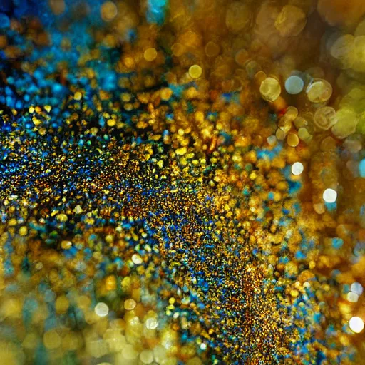 Image similar to a wet swirling mixture of gold paint and very colorful colored pigment particles glitter suspended in a turbulent liquid, captured in slow motion, crystal clear focus, macro photography lens closeup, slow-motion pour, dumpedpaint glittery, shimmering, speculars