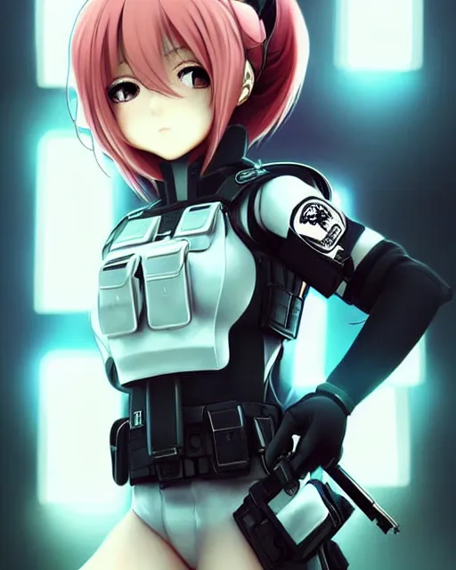 Image similar to 2 b, anime key visual of a young female swat officer, neon, cyberpunk, futuristic, white outfit, black swat vest, swat helmet, holding pdw, stunning, highly detailed, digital painting, smooth, soft focus, illustration, poster, japanese typography, digital art from artstation by artgerm and greg rutkowski and alphonse mucha