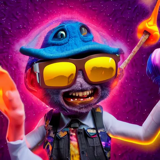Image similar to blippi, the - dark - crystal, deadscape, francis - bacon, lisa - frank, ultra - detail, high - resolution, octane - render, dramatic colors,