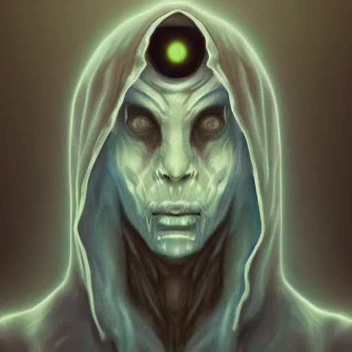 Prompt: award - winning. trending on artstation. 4 k. eerie tone. an astral figure wearing a hooded cape made of the night sky with 1 dark blue glowing eye on its face. portrait.