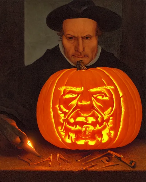 Image similar to martin luther in the act of using a nail and mallet to carve a jack - o - lantern, in the styles of ferdinand pauwels, greg rutkowski, and judy boyle intricate, hyperrealistic, accurate facial details, volumetric lighting