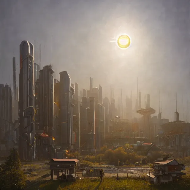 Prompt: An cyberpunk buildings with the sun shining through the clouds in utopia by Simon Stålenhag and Greg Rutkowski,In style of Grant Wood.hyper detailed,8K Resolution,highly realistic.trending on Artstation.oil on canvas