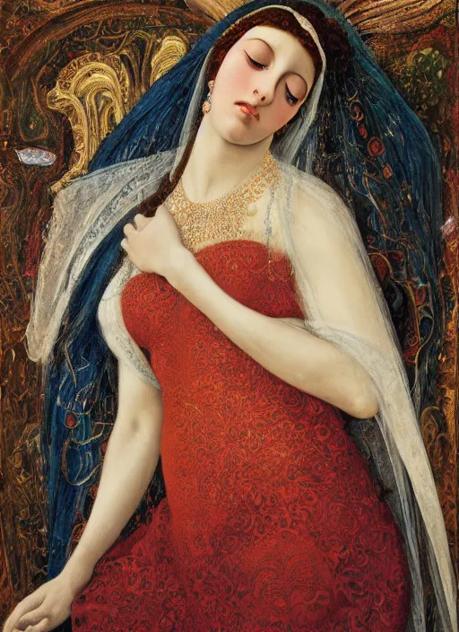 Image similar to oil painting of Queen of Ecstasy, Hungarian, curly dark hair, fair skin, veil by Georgia o Keeffe, by Marcel Jankowicz, by Botticelli, by Gustave Moreau,minimalist