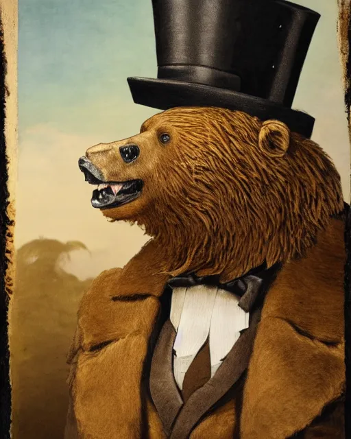 Prompt: highly detailed portrait photo of an anthropomorphic mutant with the head of a brown bear, wearing a overgown and a top hat in a dystopian scenic environment, hyperrealistic Illustration