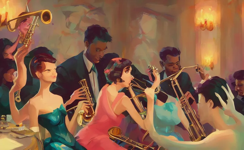 Prompt: the enchanted jazz band party with musicians and a glamorous female singer, behance hd artstation by jesper ejsing, by rhads, makoto shinkai and lois van baarle, ilya kuvshinov, ossdraws