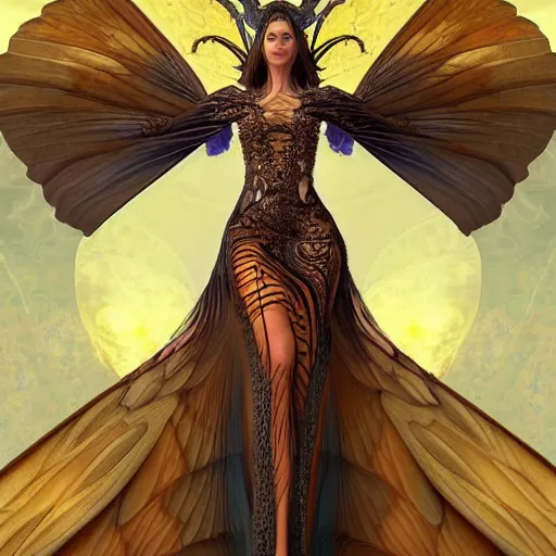 Image similar to a beautiful symmetrical woman full body wearing a kaftan dress with translucent wings by alex gray and android jones , Karol Bak, Ayami Kojima, Amano , concept art, character design, fantasy,3D, 8k resolution