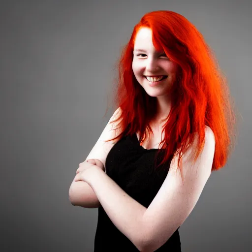 Image similar to artistic photo of a young beautiful woman with red hair looking at the camera, smiling slightly, studio lighting, award winning photo by Annie Liebowitz