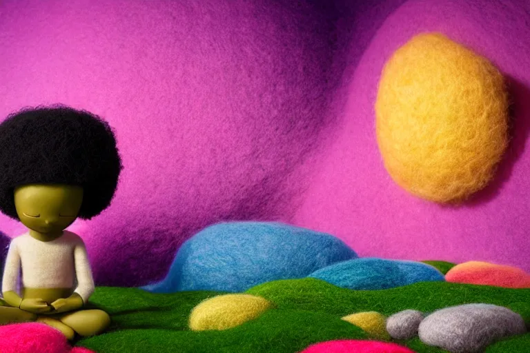 Prompt: a wide angle landscape portrait of a black boy with a colorful afro, meditating in an african zen garden with a pink waterfall, moon light, by goro fujita, pixar, felt texture, bokeh!!, volumetric wool felting, radiant light, amigurumi, macro photography, miniature world, depth of field, breathtaking landscape, detailed environment