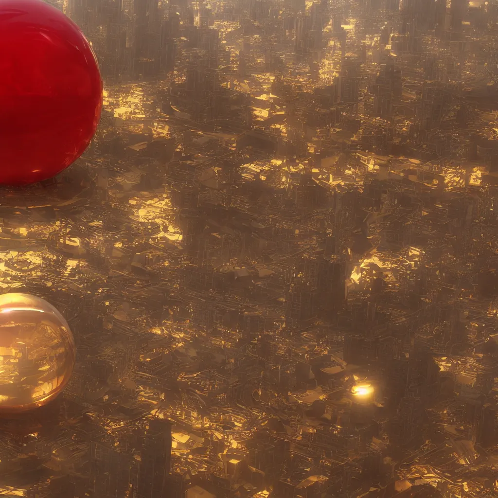 Prompt: a large translucent gold sphere with a red translucent sphere inside, the red sphere holds a city inside of it, photo realistic, 8k, octane rendered, highly detailed