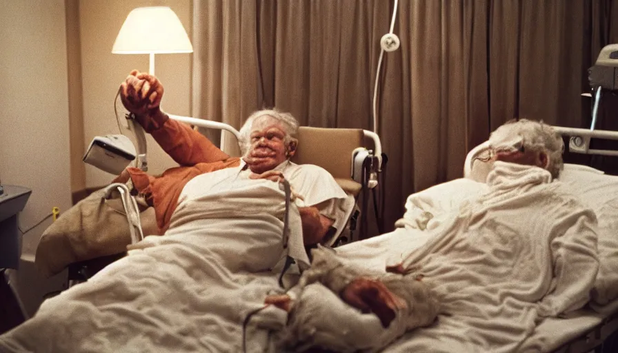 Prompt: 7 0 s movie still of a old golden man in the hospital, cinestill 8 0 0 t 3 5 mm eastmancolor, heavy grain, high quality, high detail