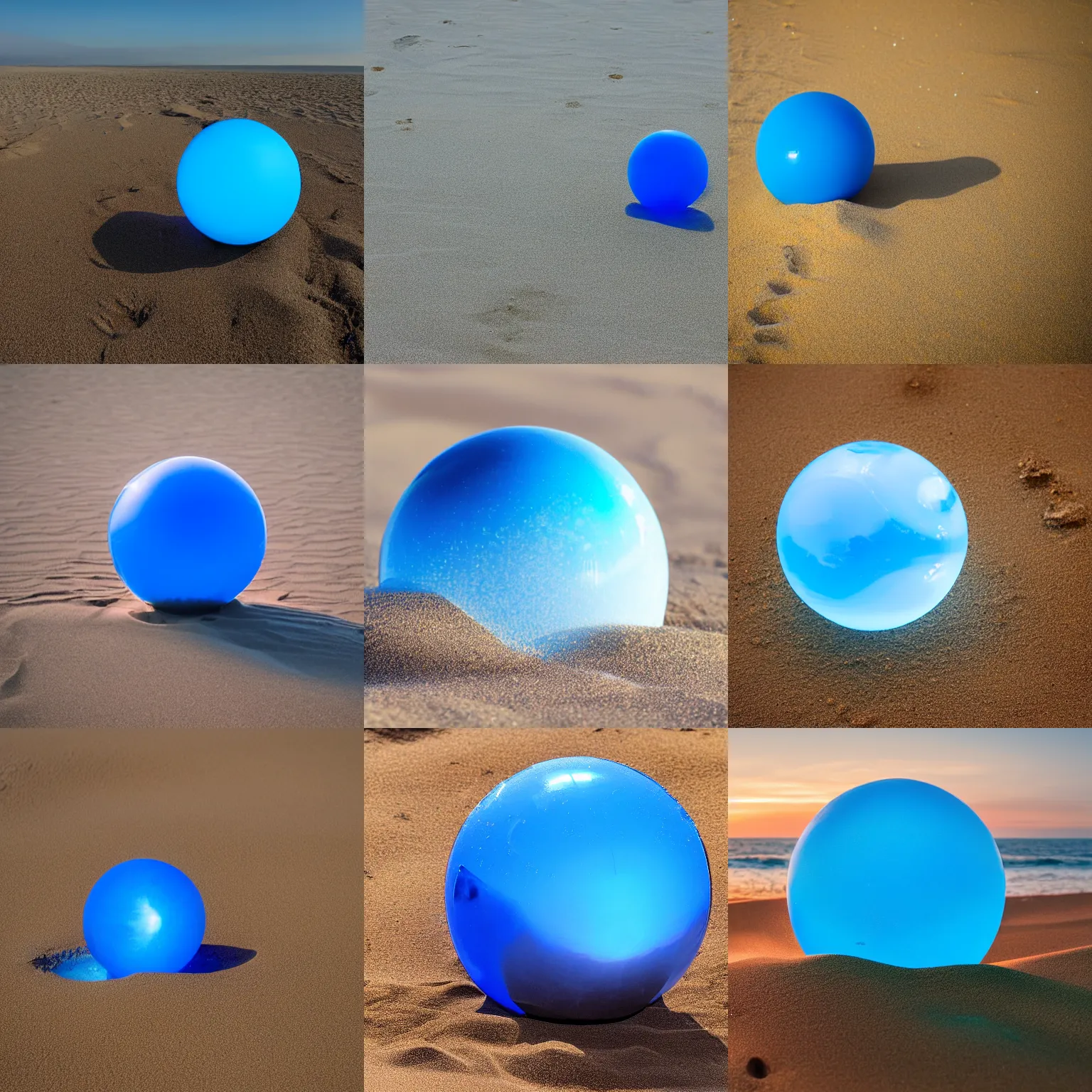 Prompt: a glowing blue sphere made of water, emerging from a plane of sand