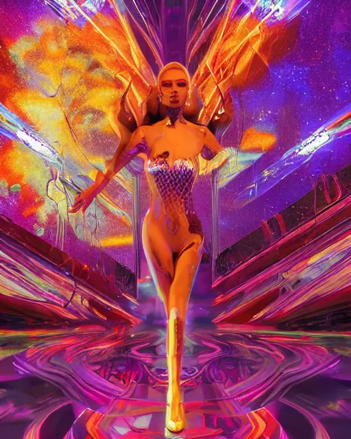 Image similar to a powerful energy psychedelic matrix queen, by alexander fedosav, hyper detailed digital matte painting, concept art, hyperrealism, 1 6 k resolution, cinema 4 d, 8 k resolution, trending on artstation, behance hd, a masterpiece, by stephan martiniere, particles, cel - shaded, power bright neon energy, by david a. hardy,