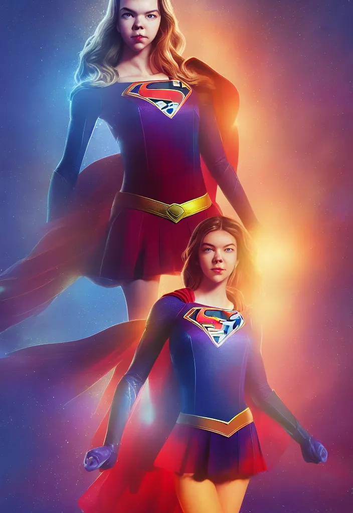 Image similar to cute gourgeous beautiful anya taylor joy as supergirl. intricate abstract. intricate artwork. by tooth wu, wlop, beeple, dan mumford. octane render, trending on artstation, greg rutkowski very coherent symmetrical artwork. cinematic, hyper realism, high detail, octane render, 8 k, iridescent accents