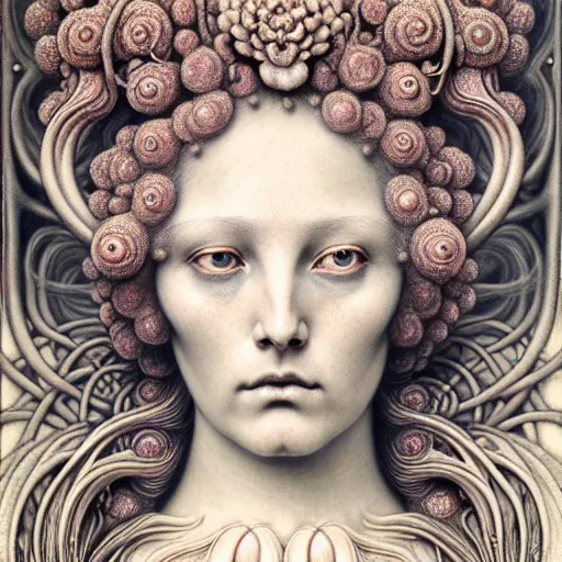 Image similar to detailed realistic beautiful porcelain calaveras goddess face portrait by jean delville, gustave dore, iris van herpen and marco mazzoni, art forms of nature by ernst haeckel, art nouveau, symbolist, visionary, gothic, neo - gothic, pre - raphaelite, fractal lace, intricate alien botanical biodiversity, surreality, hyperdetailed ultrasharp octane render
