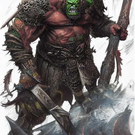 Prompt: intricate, vibrant, accurate, refined, vivid inks, Portrait concept Illustration Greg Staples Scott M Fischer Zhenyu Liu terese Nielsen Stanley Lau shingo matsunuma. Berserker Orc with Battleaxe