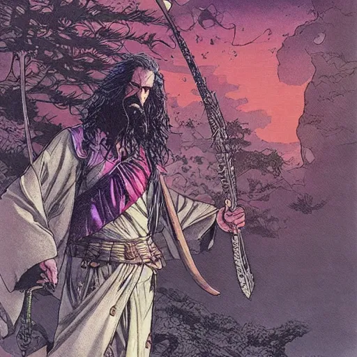 Image similar to Frank Zappa golden Vagabond magic swordsman glides through a beautiful battlefield magic the gathering dramatic esoteric pen and ink illustrated in high detail by Hiroya Oku, Moebius, and Tatsuki Fujimoto shonen jump 2077